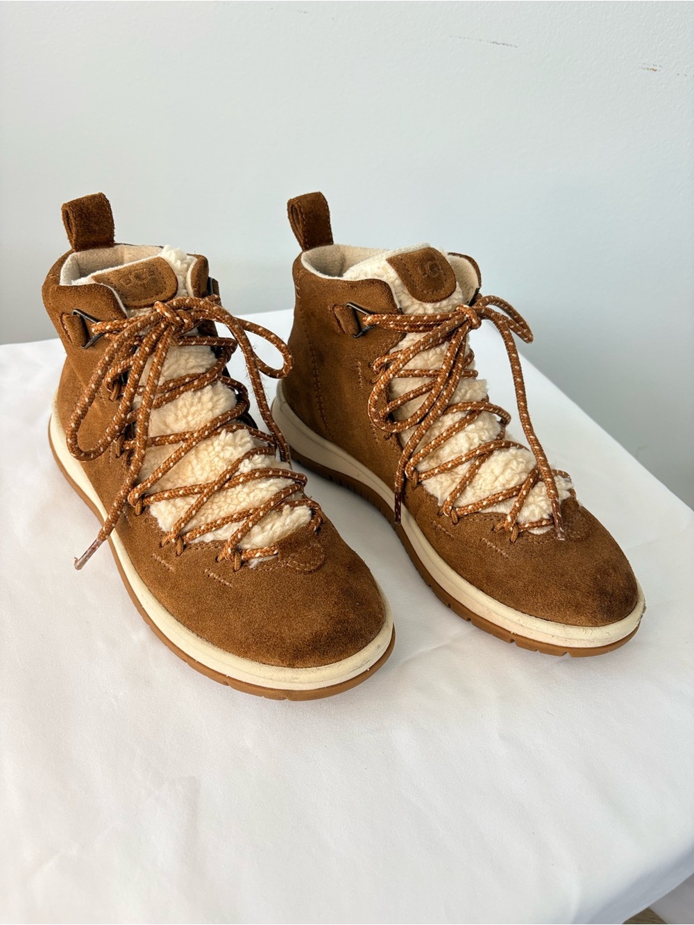 UGG Highland Hi Heritage Suede Sherpa Hiker Boots Chestnut 6.5